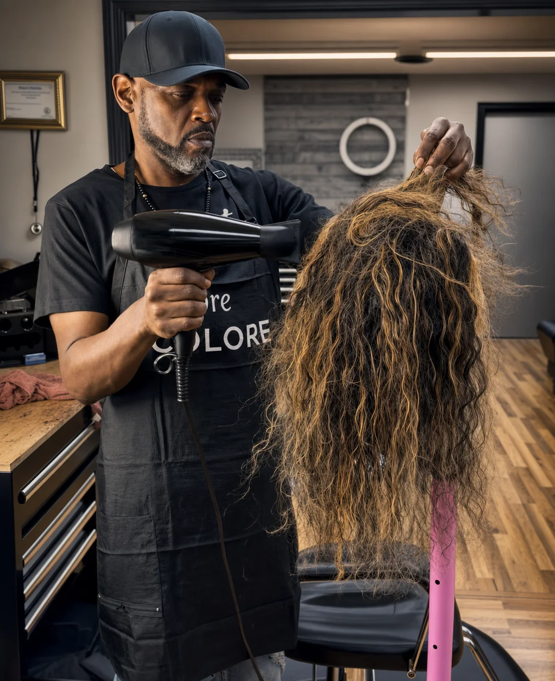 Teddy Chisom finishing a custom highlighted wig