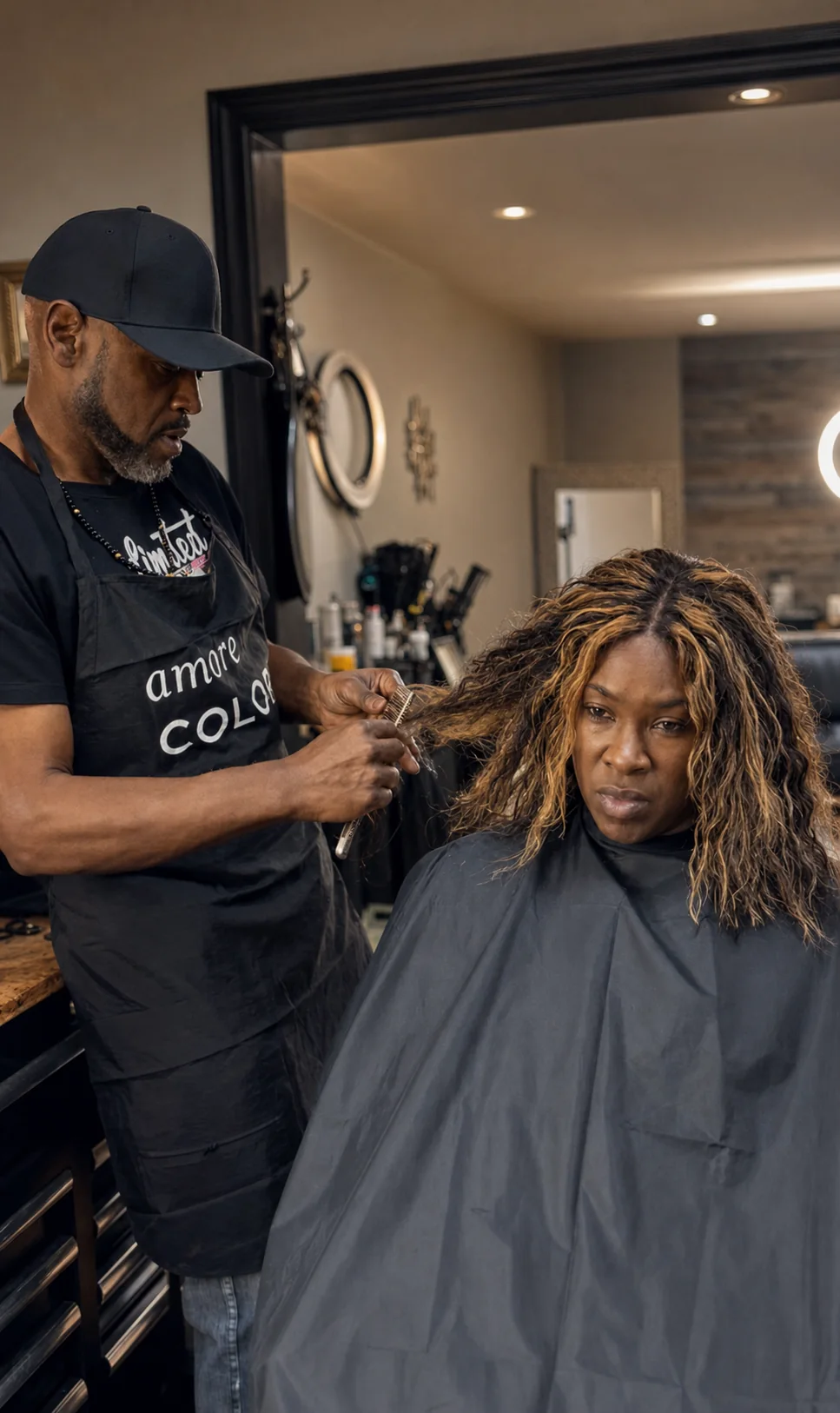 Teddy Chisom blending and fitting a custom wig for a client